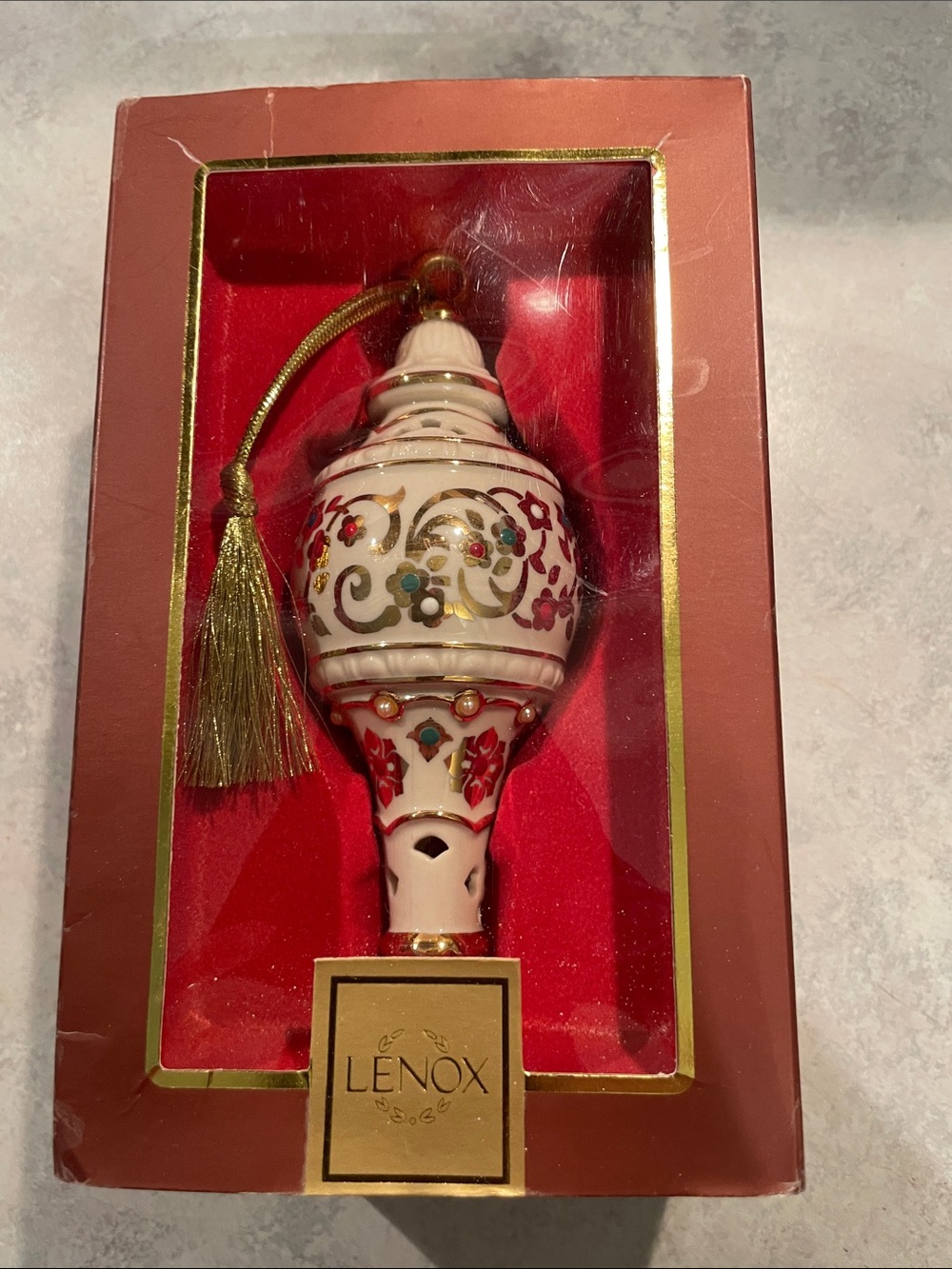 Lenox White, Red and Gold Spire Jeweled Ornament